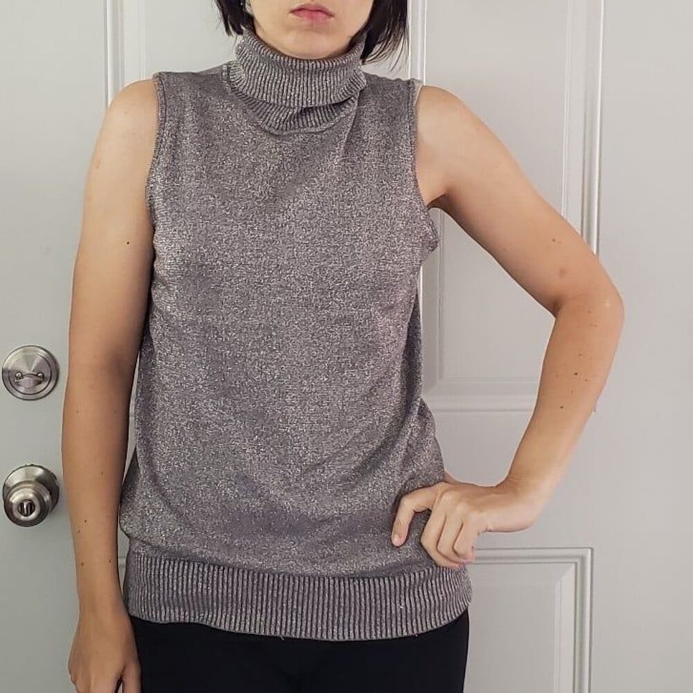 Silver Sleeveless Turtleneck Knit Top